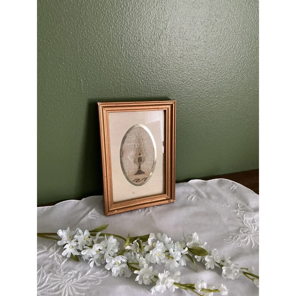 Vintage Framed Cross Stitch Embroidery Tree Candle Folk Art Gold Frame‎ Signed